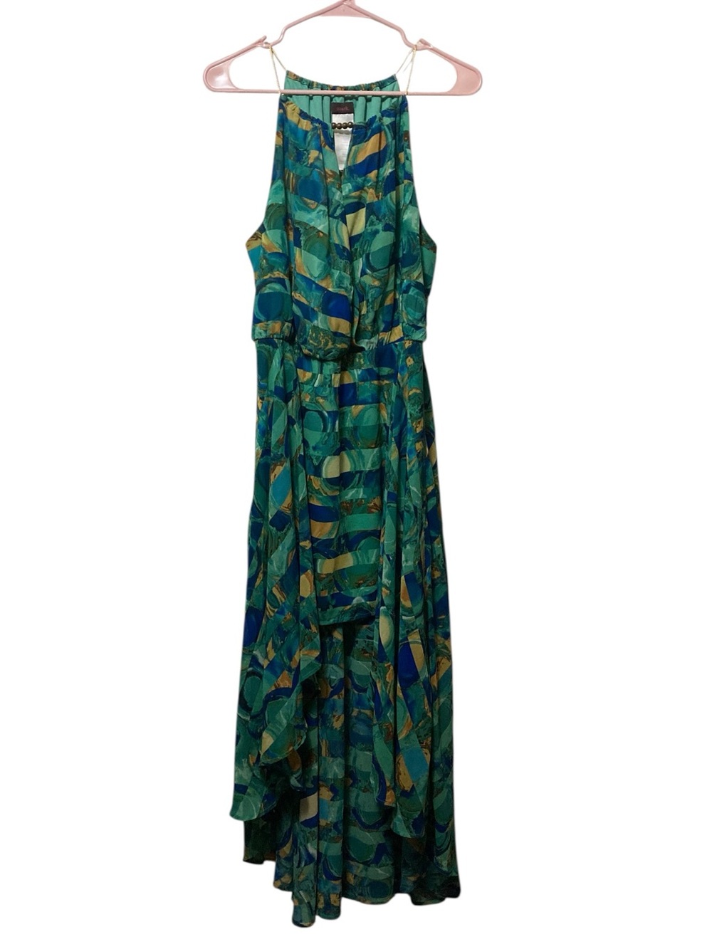 Green Abstract Print Beaded Halter Maxi Dress